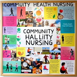 A vibrant vision board visually representing a holistic approach to community health nursing, featuring a collage of images and symbols
