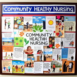 A vibrant vision board visually representing a holistic approach to community health nursing, featuring a collage of images and symbols