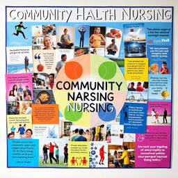 A vibrant vision board visually representing a holistic approach to community health nursing, featuring a collage of images and symbols