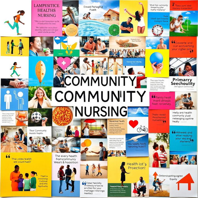 A vibrant vision board visually representing a holistic approach to community health nursing, featuring a collage of images and symbols