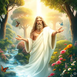 A serene and majestic depiction of Prophet Adam in Heaven, surrounded by lush greenery and vibrant flowers, illuminated by a soft ethereal light