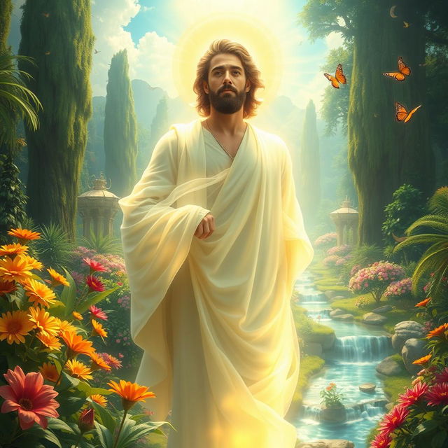 A serene and majestic depiction of Prophet Adam in Heaven, surrounded by lush greenery and vibrant flowers, illuminated by a soft ethereal light