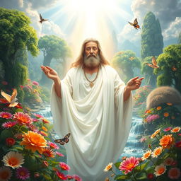 A serene and majestic depiction of Prophet Adam in Heaven, surrounded by lush greenery and vibrant flowers, illuminated by a soft ethereal light