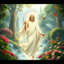 A serene and majestic depiction of Prophet Adam in Heaven, surrounded by lush greenery and vibrant flowers, illuminated by a soft ethereal light