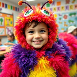 A cute elementary school student wearing a fluffy caterpillar costume, full of vibrant colors and intricate details