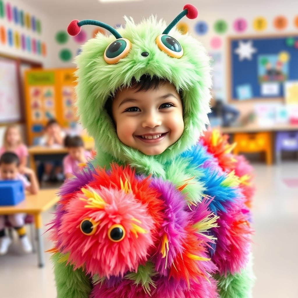 A cute elementary school student wearing a fluffy caterpillar costume, full of vibrant colors and intricate details