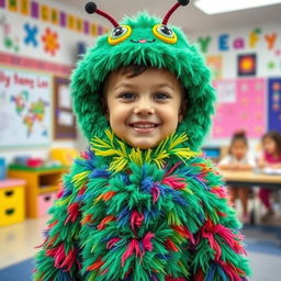 A cute elementary school student wearing a fluffy caterpillar costume, full of vibrant colors and intricate details