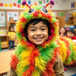A cute elementary school student wearing a fluffy caterpillar costume, full of vibrant colors and intricate details