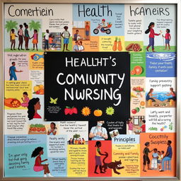 A colorful and engaging vision board that captures a holistic approach to community health nursing for individual and family clients in primary health care
