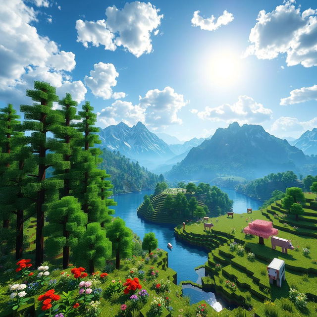 A picturesque Minecraft landscape featuring a vibrant variety of biomes