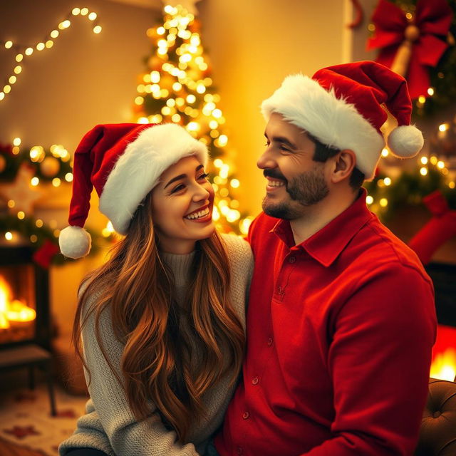 A cozy scene featuring a happy couple wearing festive Christmas hats, surrounded by holiday decorations