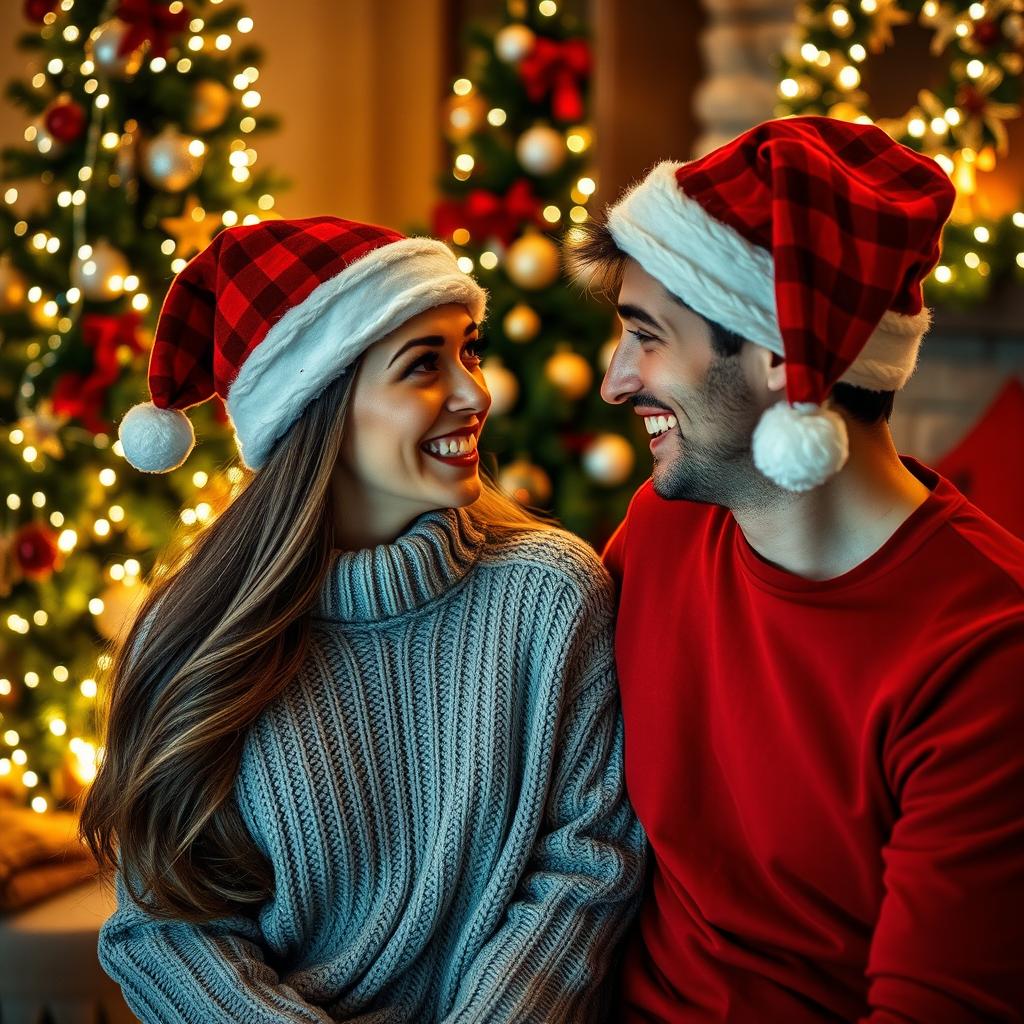 A cozy scene featuring a happy couple wearing festive Christmas hats, surrounded by holiday decorations