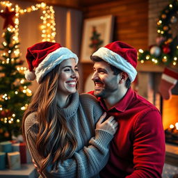 A cozy scene featuring a happy couple wearing festive Christmas hats, surrounded by holiday decorations
