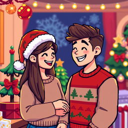 A charming pixel art scene depicting a happy couple wearing festive Christmas hats