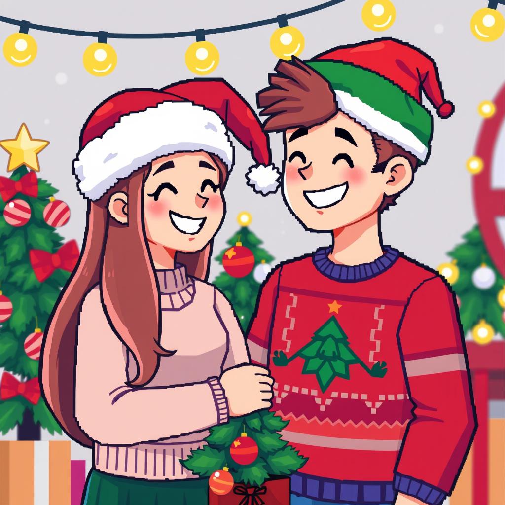 A charming pixel art scene depicting a happy couple wearing festive Christmas hats