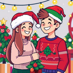 A charming pixel art scene depicting a happy couple wearing festive Christmas hats