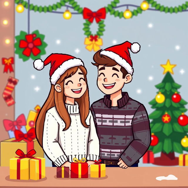 A charming pixel art scene depicting a happy couple wearing festive Christmas hats