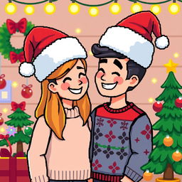 A charming pixel art scene depicting a happy couple wearing festive Christmas hats