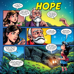 A colorful comic book page illustrating the theme of hope, featuring diverse characters such as a young woman with determination in her eyes, an elderly man sharing wisdom, and a child looking up at the sky filled with bright stars