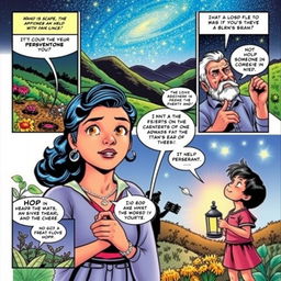 A colorful comic book page illustrating the theme of hope, featuring diverse characters such as a young woman with determination in her eyes, an elderly man sharing wisdom, and a child looking up at the sky filled with bright stars