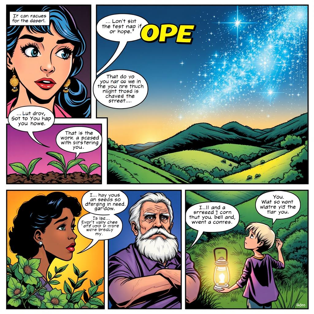A colorful comic book page illustrating the theme of hope, featuring diverse characters such as a young woman with determination in her eyes, an elderly man sharing wisdom, and a child looking up at the sky filled with bright stars