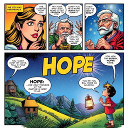 A colorful comic book page illustrating the theme of hope, featuring diverse characters such as a young woman with determination in her eyes, an elderly man sharing wisdom, and a child looking up at the sky filled with bright stars