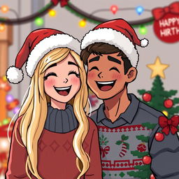 A delightful pixel art scene depicting a joyful couple wearing festive Christmas hats