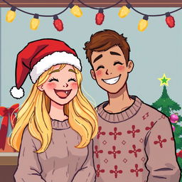 A delightful pixel art scene depicting a joyful couple wearing festive Christmas hats