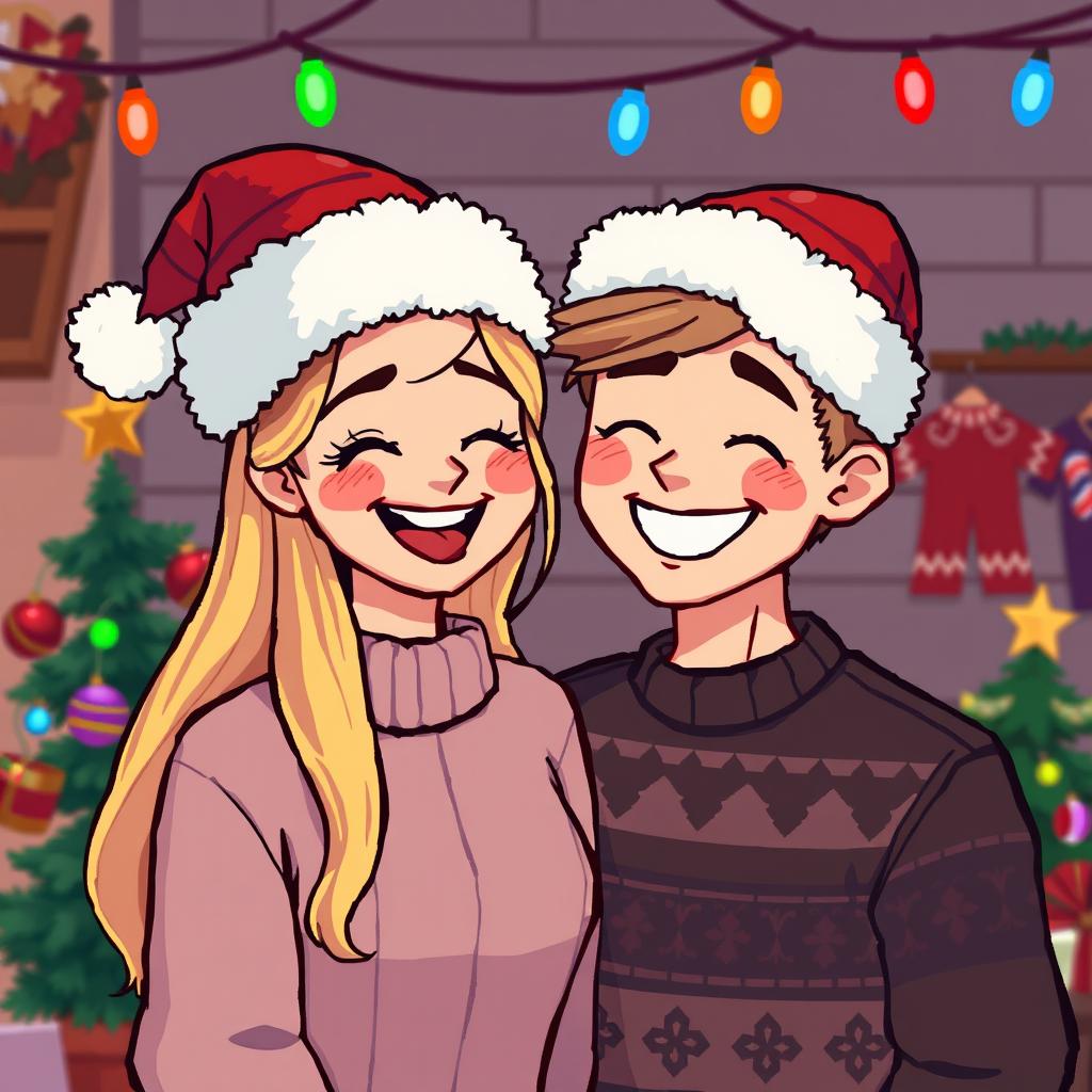 A delightful pixel art scene depicting a joyful couple wearing festive Christmas hats