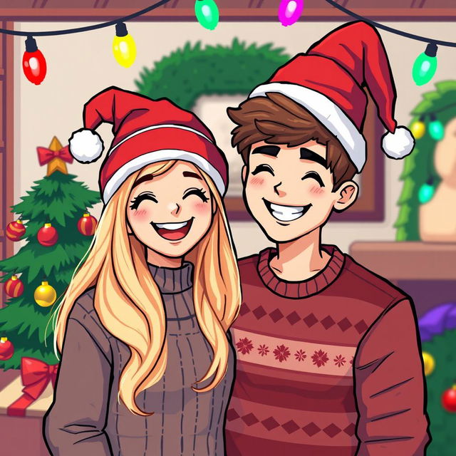 A delightful pixel art scene depicting a joyful couple wearing festive Christmas hats