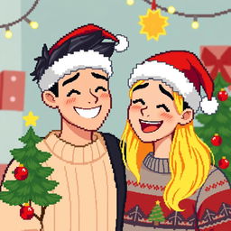 A delightful pixel art scene showcasing a couple wearing festive Christmas hats