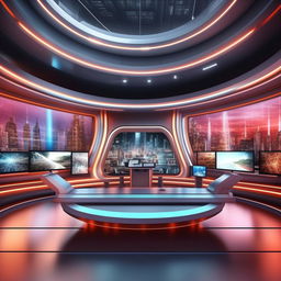 An information-inspired background for a futuristic TV anchor's studio using architectural elements from the architecture presented in the provided link.