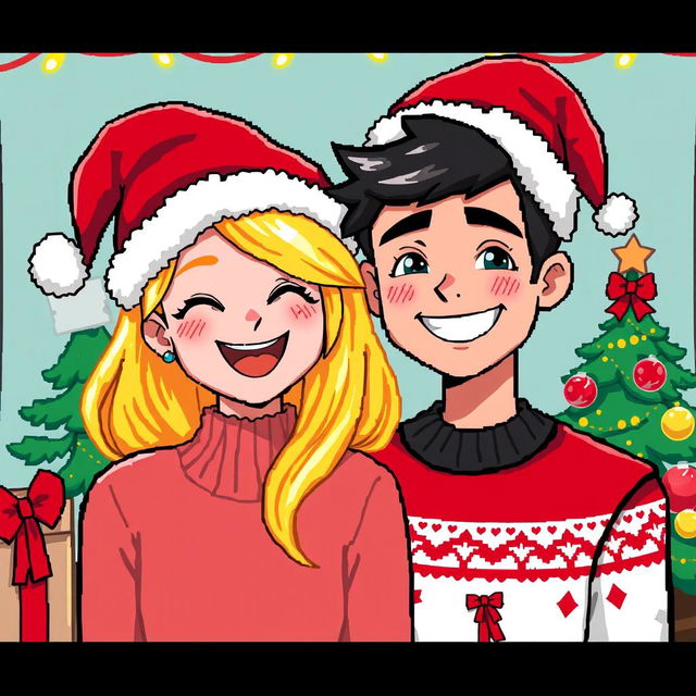 A delightful pixel art scene showcasing a couple wearing festive Christmas hats