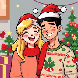 A delightful pixel art scene showcasing a couple wearing festive Christmas hats