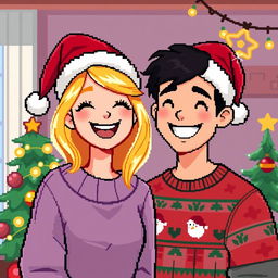 A delightful pixel art scene showcasing a couple wearing festive Christmas hats