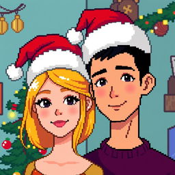 A pixel art scene featuring a couple wearing festive Christmas hats
