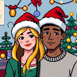 A pixel art scene featuring a couple wearing festive Christmas hats