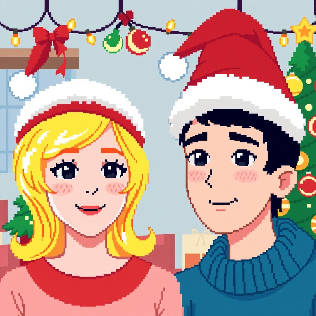 A pixel art scene featuring a couple wearing festive Christmas hats