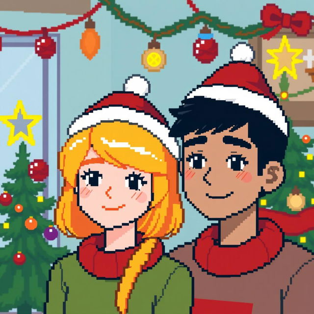 A pixel art scene featuring a couple wearing festive Christmas hats