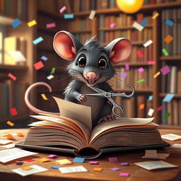 A whimsical scene depicting a cute, cartoonish rat sitting on top of an open book, using a tiny pair of scissors to cut pages from the book
