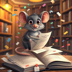 A whimsical scene depicting a cute, cartoonish rat sitting on top of an open book, using a tiny pair of scissors to cut pages from the book