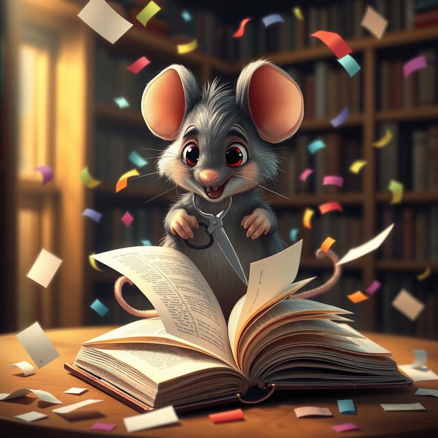 A whimsical scene depicting a cute, cartoonish rat sitting on top of an open book, using a tiny pair of scissors to cut pages from the book