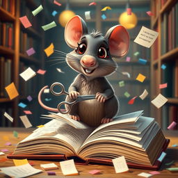 A whimsical scene depicting a cute, cartoonish rat sitting on top of an open book, using a tiny pair of scissors to cut pages from the book