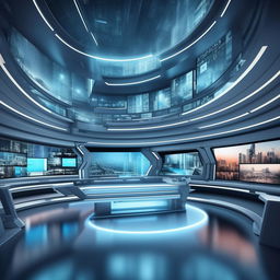 An information-inspired background for a futuristic TV anchor's studio using architectural elements from the architecture presented in the provided link.