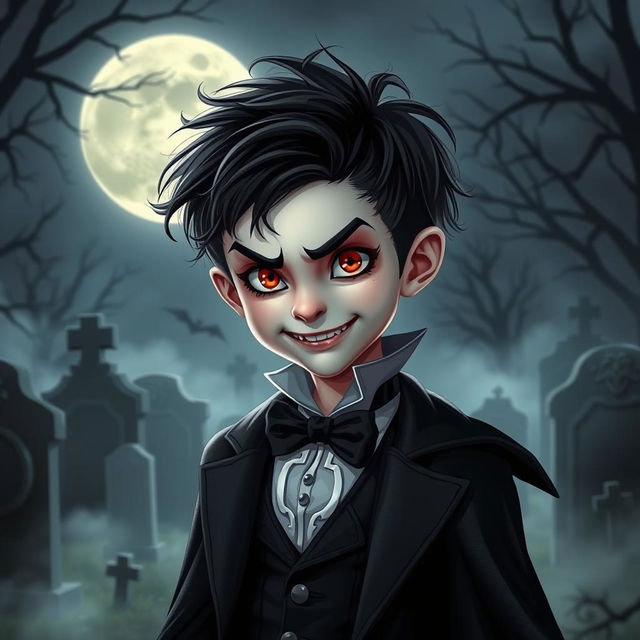 A young vampire boy with sharp fangs and piercing red eyes, dressed in a stylish Victorian-era outfit with a dark cloak