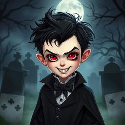 A young vampire boy with sharp fangs and piercing red eyes, dressed in a stylish Victorian-era outfit with a dark cloak