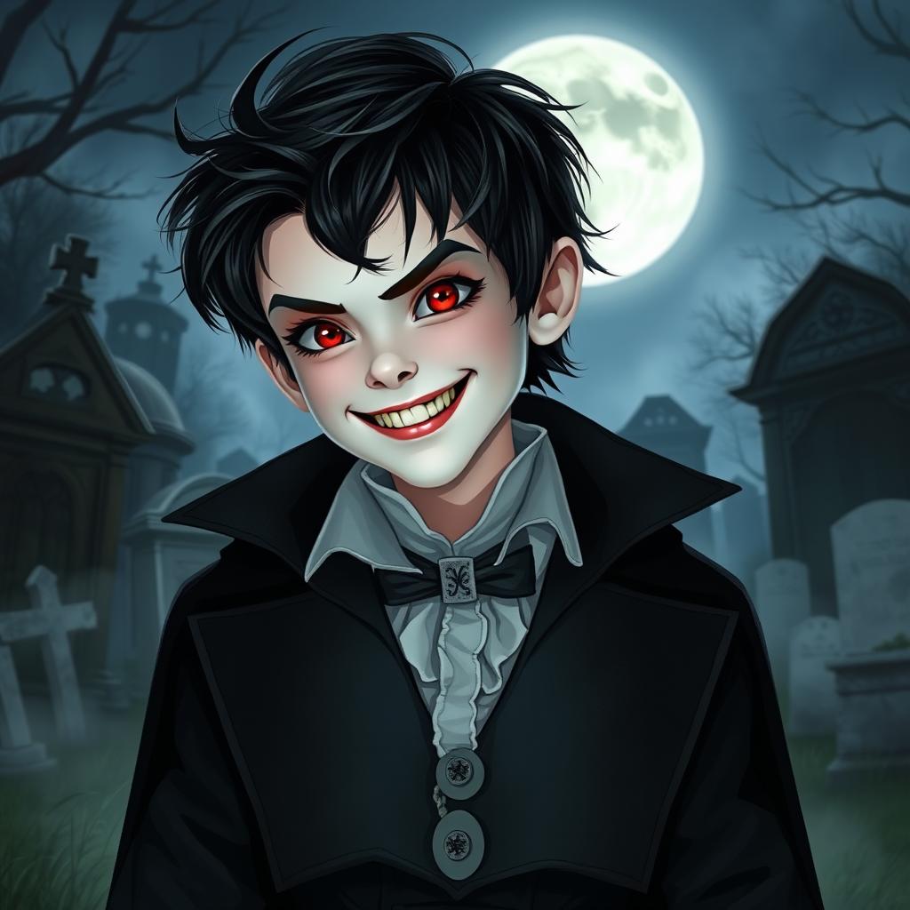 A young vampire boy with sharp fangs and piercing red eyes, dressed in a stylish Victorian-era outfit with a dark cloak