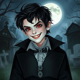 A young vampire boy with sharp fangs and piercing red eyes, dressed in a stylish Victorian-era outfit with a dark cloak