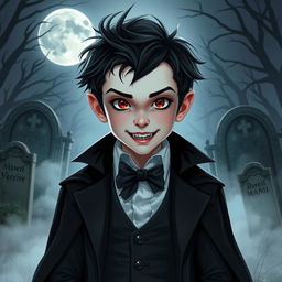 A young vampire boy with sharp fangs and piercing red eyes, dressed in a stylish Victorian-era outfit with a dark cloak