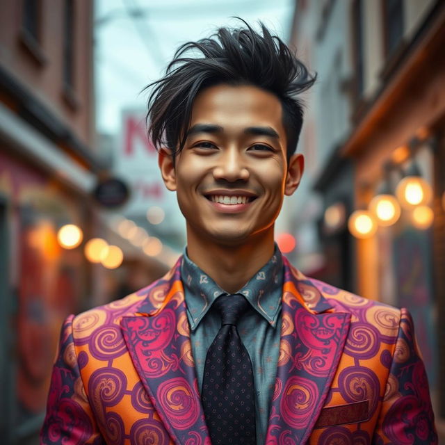 A striking portrait of a striking individual named Lek Franco, with a charismatic smile, deep-set eyes that convey wisdom and humor, and stylish hair that complements their unique personality